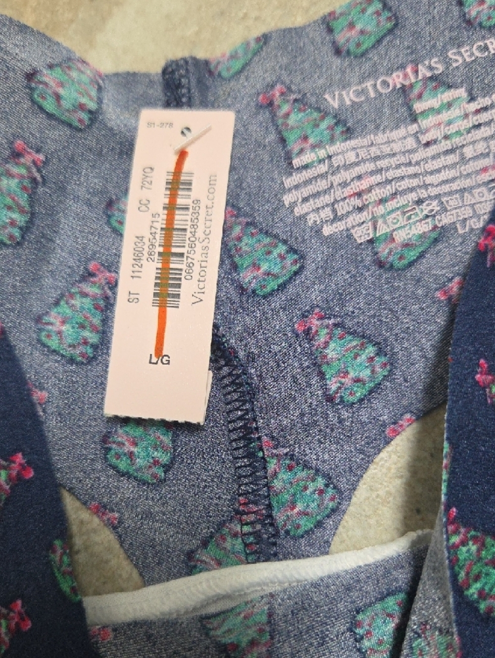 Victoria's Secret Navy Blue Thong with Green & Pink Tree Pattern - Picture 3 of 4